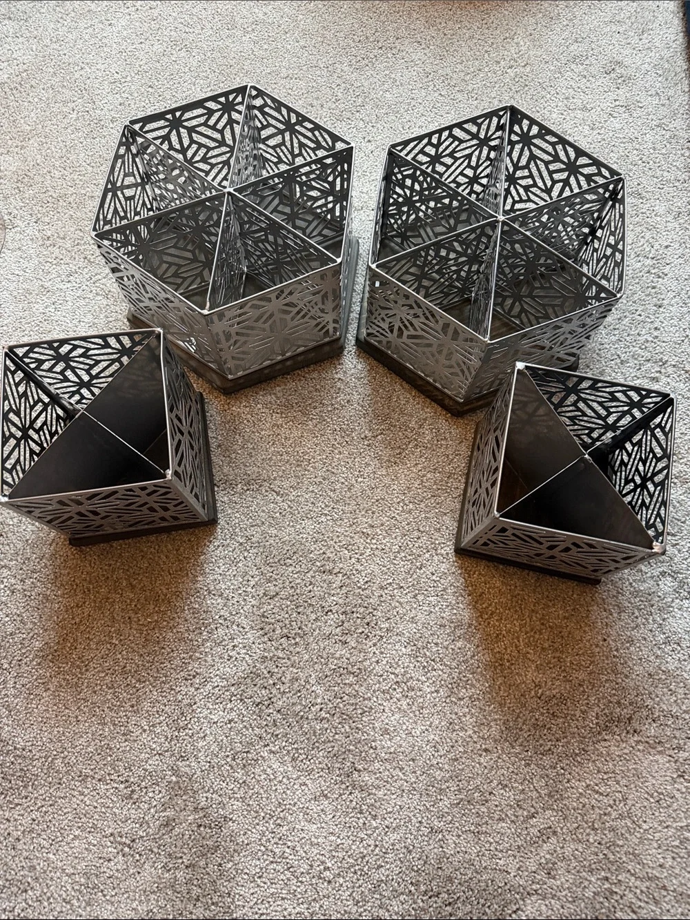 Decorative Hexagonal Metal Organizer Set in Silver. Set of 4. Wood bottoms.